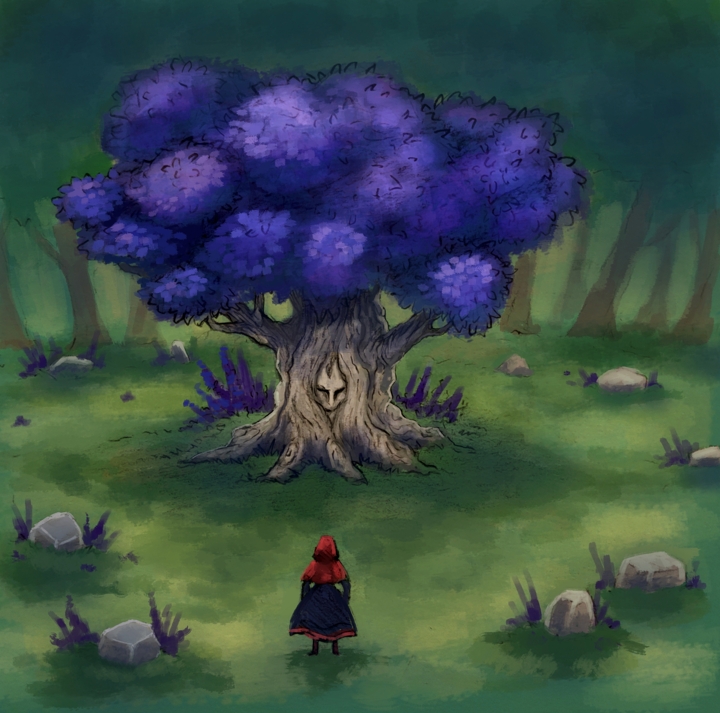 Concept art for the game: Daughter of Crone. In this image there is an old tree with purple leaves. The tree's trunk has a face on it. In front of the tree stands a young woman. She is wearing a red hood and a dark blue dress.