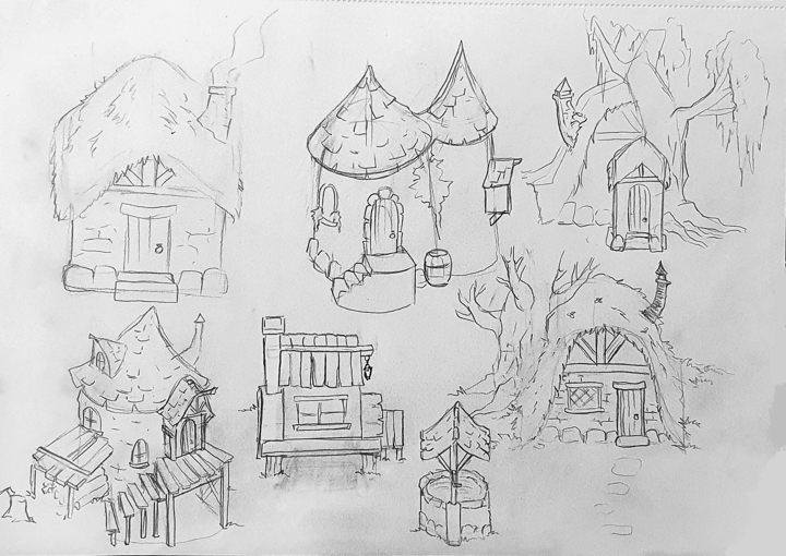 Concept sketches of different designs of a witch hut.